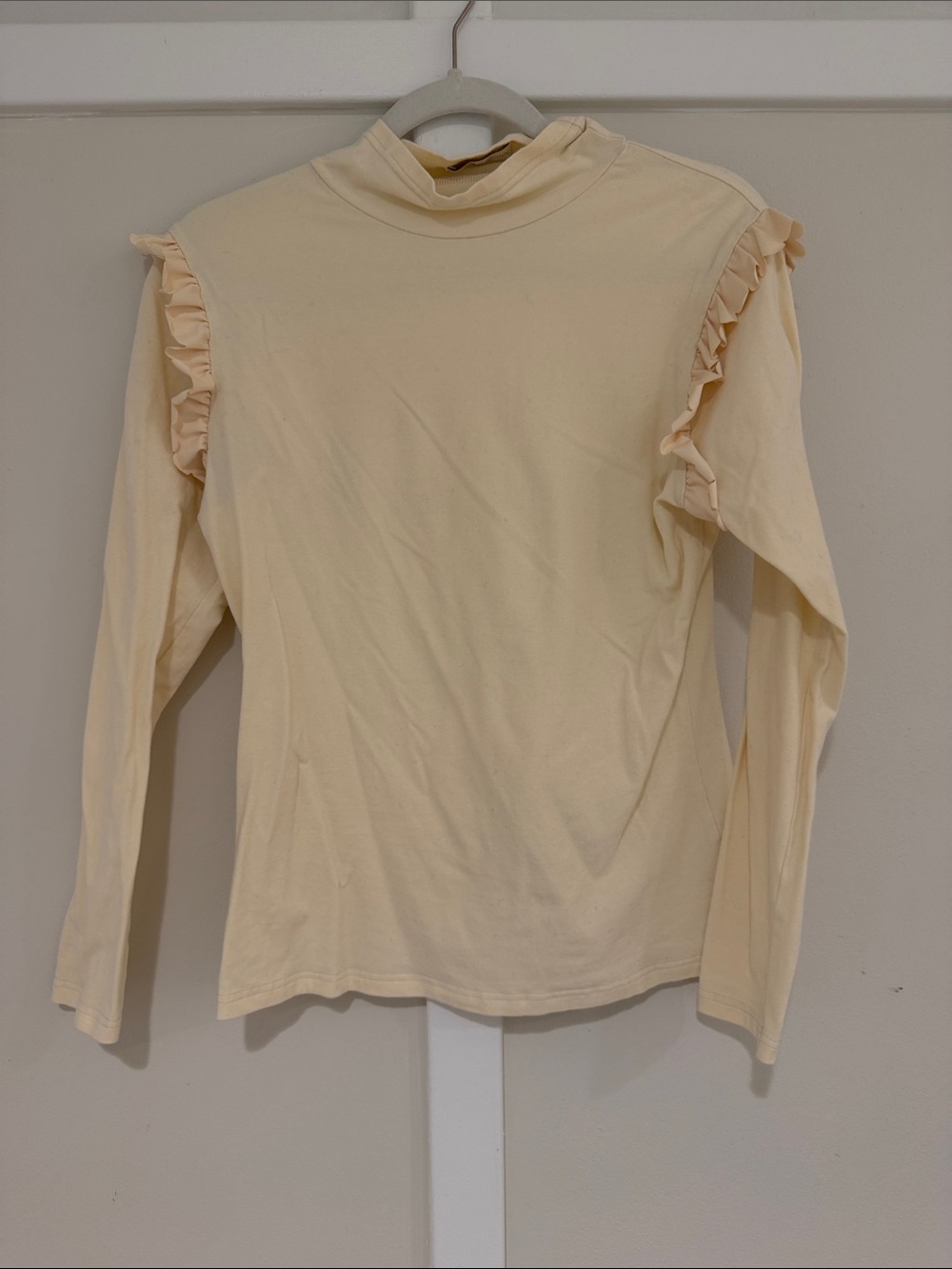 Ruffle-Trim High Neck Long Sleeve Top - Cream